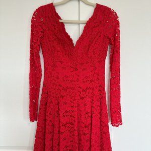 Vera Wang Red Lace V Neck Long Sleeve Dress